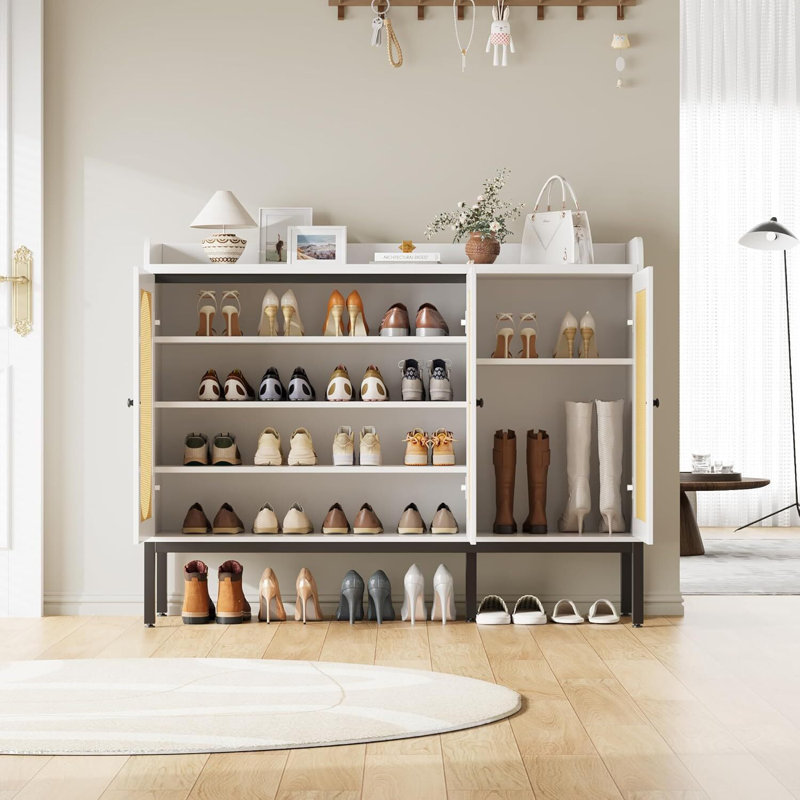 Freestanding 3-Door Rattan Shoe Cabinet – Adjustable Shelves Entryway & Hallway Organizer, White
