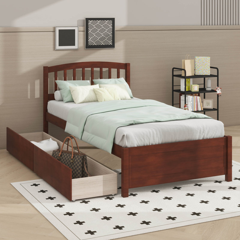 Twin Platform Storage Bed Wood Bed With 2 Drawers And Headboard, Walnut