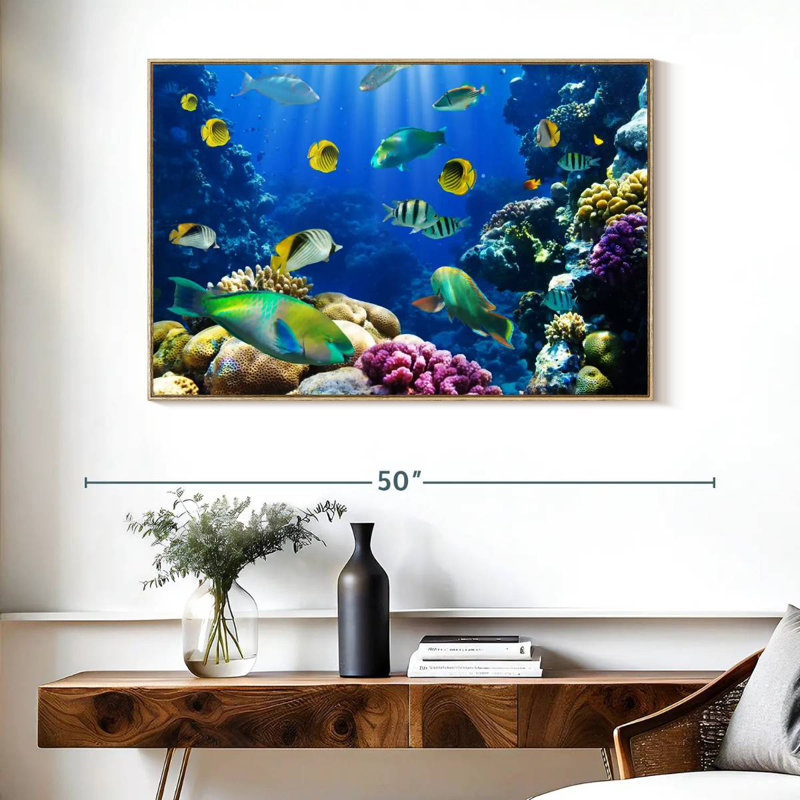 Underwater Sea Creatures, Floating Frame Natural Wood, 40" X 27"
