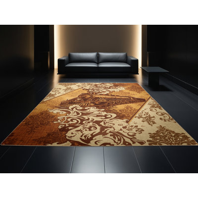 Tapis damassé rétro brun et beige lavable à la machine Maurice