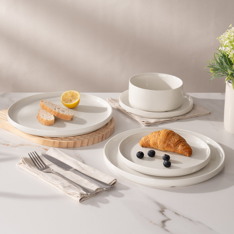 Service de table Jade (assiettes et bols), 12 pièces, pour 4 personnes, Blanc