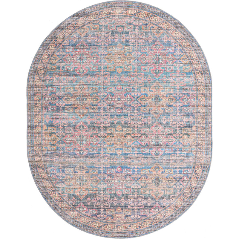 Tapis bleu tissé à la machine Hadsell, Ovale 7 pi 10 po x 10 pi