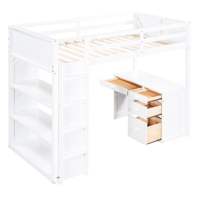 Lit mezzanine simple avec tablettes et bureau - blanc, bois massif fabriqué pour un confort à long terme permettant d'économiser de l'espace - blanc et durabilité inégalée