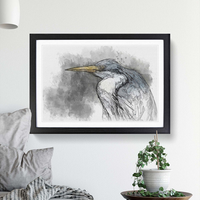 Pied Heron - Picture Frame Graphic Art Print, Black Framed, 36cm H x 48cm W x 2cm D