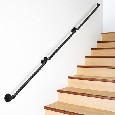 Lot de 3 rampes d'escalier tubulaires, rampes murales pour marches intérieures et extérieures, barres d'appui en fer galvanisé noir, rampes d'escalier pour escaliers, porche et salle de bain