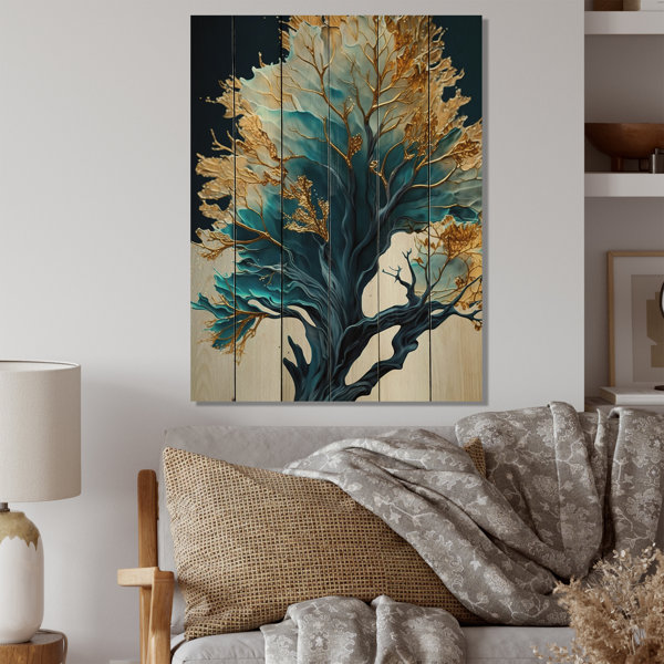 House of Hampton® Abstract Blue And Gold Leaves IV On Wood Print | Wayfair