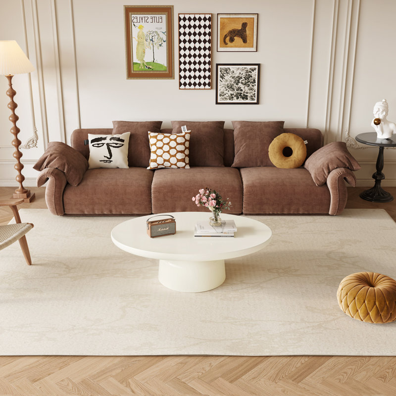 Guyii Cream White Pedestal Oval Coffee Table, Low Coffee Table for Small Spaces