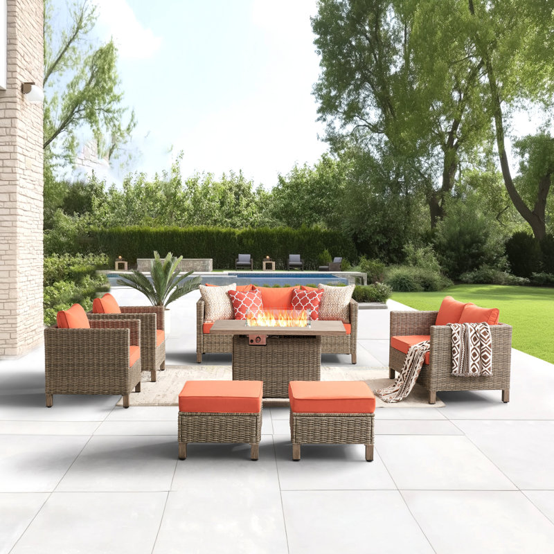 9 - Person Outdoor Wicker Patio Conversation Furniture Set With Fire Pit Table, Orange