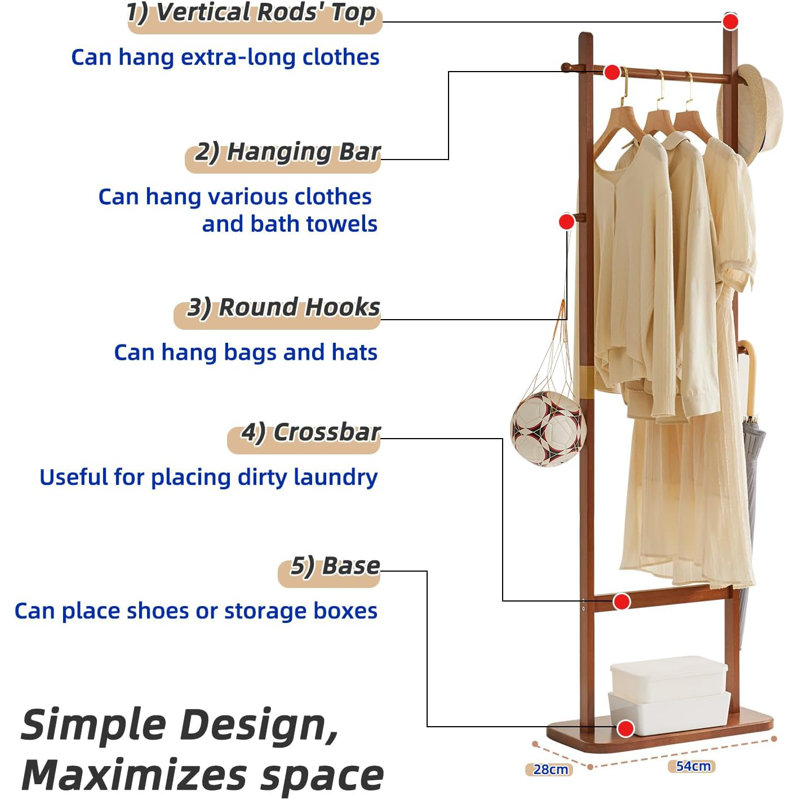 Coat Rack Tree Stand With Very Sturdy Base, Freestanding Small Clothes Rack Heavy Duty, Garment Hanging Racks For Kids And Adults, Space Saving Brown