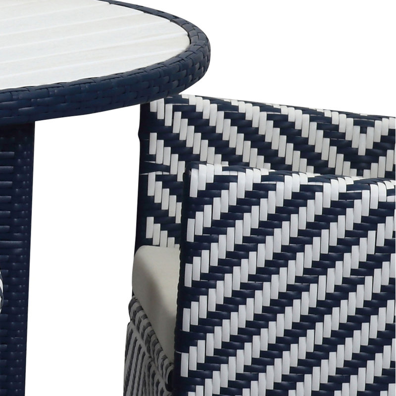 Mcgrady 4 - Person Wicker Patio Dining Set with Round Table , Cushions Included, Navy/White