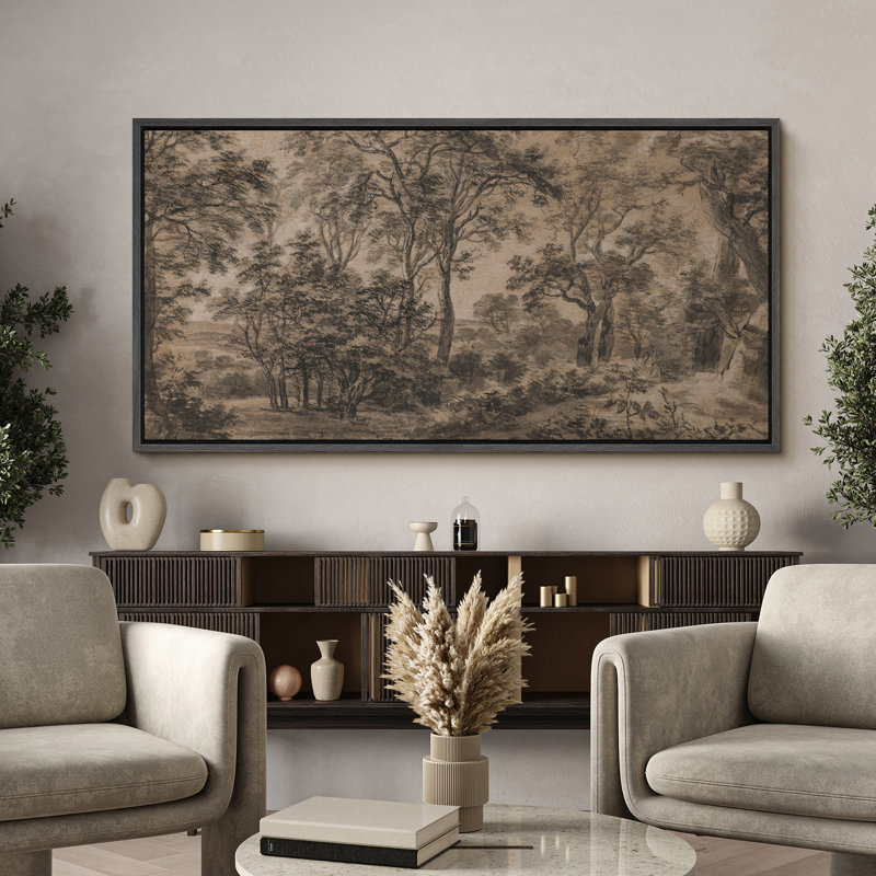 Paysage forestier rétro dans des tons sépia, art moderne, H 30 po x l 60 po, Noir, noir, noir, noir