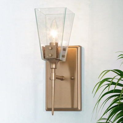 Berus 1-Light Dimmable Gold Wall Sconce with Hand-Blown Seeded Glass, 12.5 in H