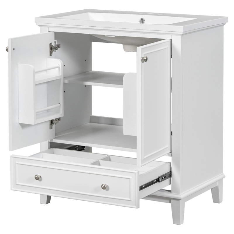 Bathroom Vanity With Ceramic Sink - 30", White, Solid Construction Cabinet 30" White Wood & , And Modern Function