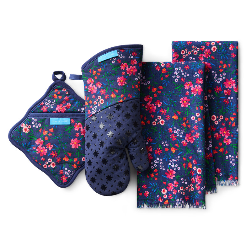 DRAPER JAMES Field Flowers Kitchen Towel, Oven Mitt & Pot Holder 4-Pack Set, Navy/Multicolor, Navy/Multicolor