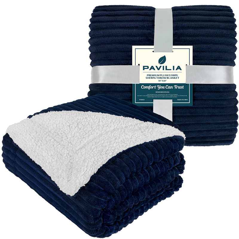 Navy Blue Reversible Sherpa Fleece Throw Blanket