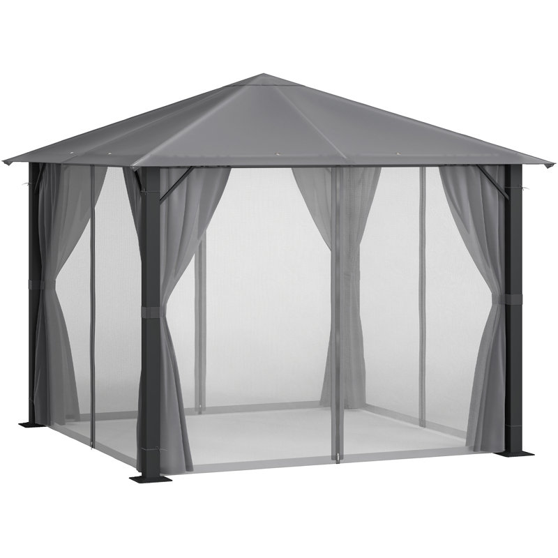 Gazebo de terrasse 3 m x 3 m, abri de jardin avec moustiquaire et rideaux, toit aéré