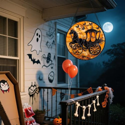 Vitrail suspendu - Chariot de citrouille d'Halloween Suncatcher pour portes fenêtre jardin intérieur effrayant drôle orange soleil attrape décor gothique horreur cadeaux pour les femmes hommes ami 6,3 po
