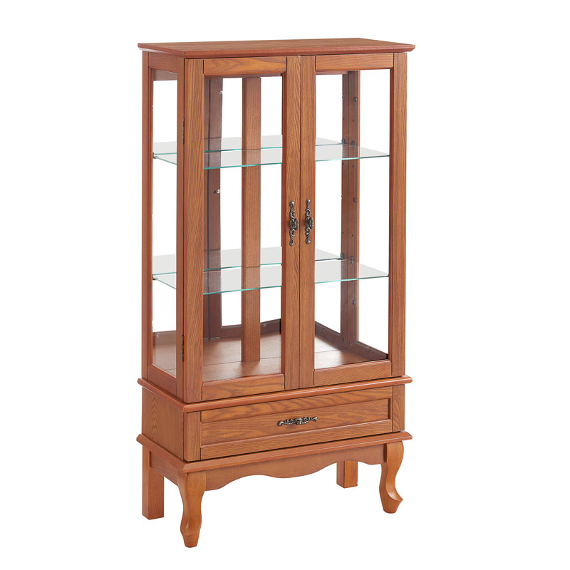 Lighted Glass Display Cabinet Glass Wine Cabinet Curio Display Cabinet With Adjustable Glass Shelves Two Doors And One Drawer Bulb Included For Home Decor And Storage