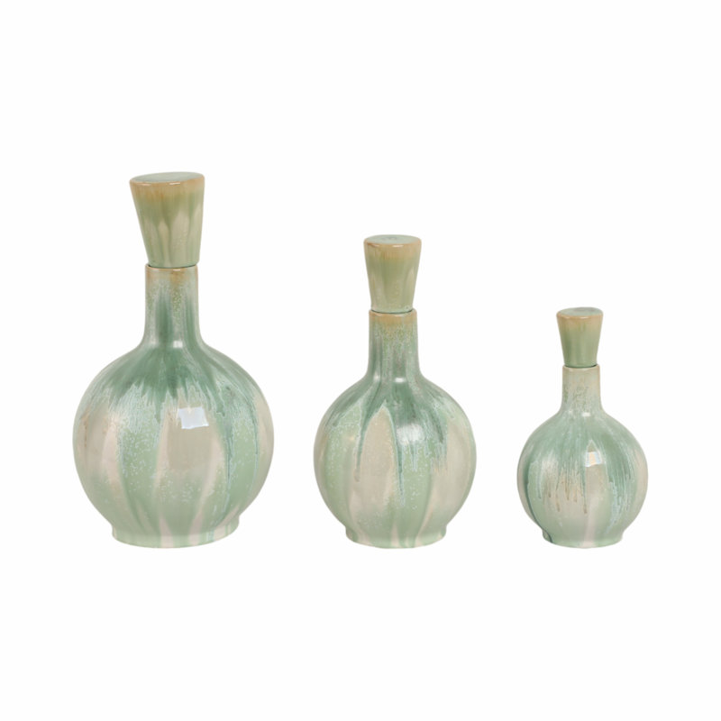 Decorative Table Vase Set Ceramic and Stoneware Sculptural Bottle-Shaped Design with Handcrafted Artisan Glaze Detailing Ideal for Accent Styling and Shelf Display - Set of 3