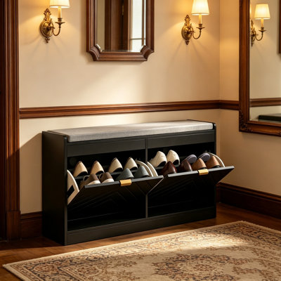 Banc de rangement pour chaussures étroit et rembourré avec 2 tiroirs rabattables et trous d'aération pour le couloir