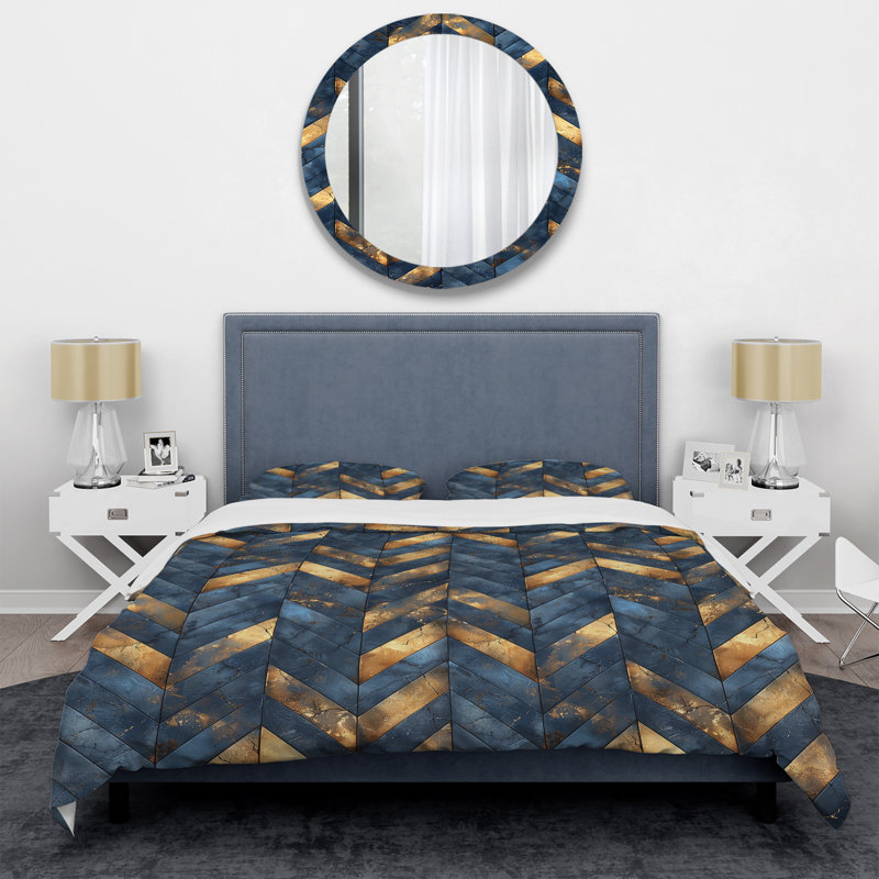 Ensemble de housse de couette transitionnel bleu doré à chevrons Glamour VI, Housse de couette très grand et 2 très grandes t