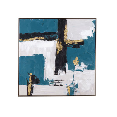 Around About Abstract Canvas Art in Teal, Black & Gold with Silver Frame