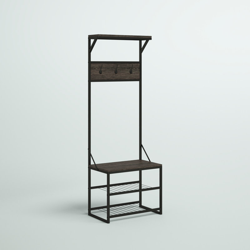 RiverRidge Afton Hall Tree Shoe Storage Organizer Cabinet with Hooks and Top Storage Shelf Entryway Bench Seat - Weathered Woodgrain and Black Metal Frame