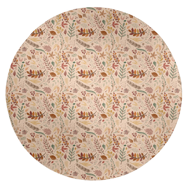 Tapis beige/orange/vert fait main floral, Rond 5 pi