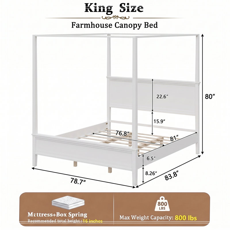 Cadre Darshan avec tête de lit et plateforme en bois à baldaquin King Size, Blanc