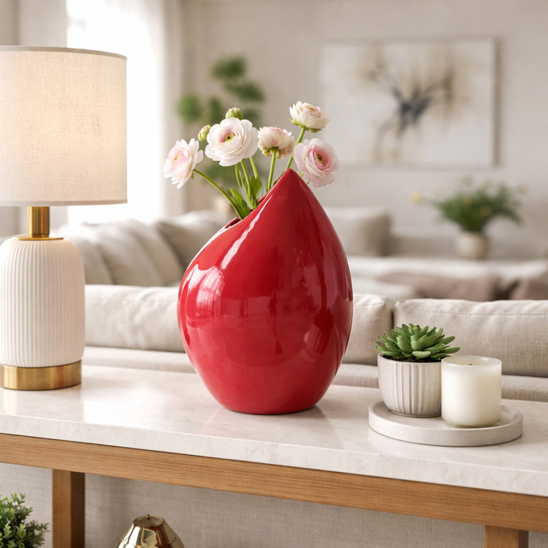 Modern Ceramic Table Vase For Home Decor - Decorative Sculptural Flower Vase for Office and Entryway Styling - Red