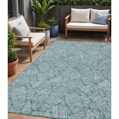 5' X 8' Teal Blue Floral Washable Indoor Outdoor Area Rug