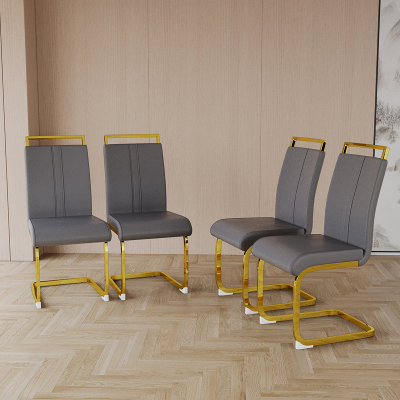 Chaises de salle à manger rembourrées en polyuréthane à haut dossier, 4, Gris, Doré