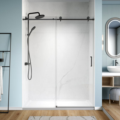 56" - 60" W X 76" H Single Sliding Frameless Shower Door With 1/4" (6Mm) Tempered Glass For Walk-In Shower, Matte Black