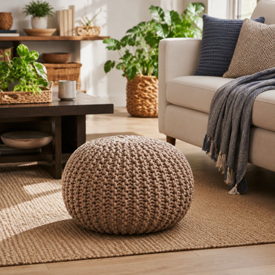 Moro Knitted Cotton Round Pouf, 20" x 20", Brown