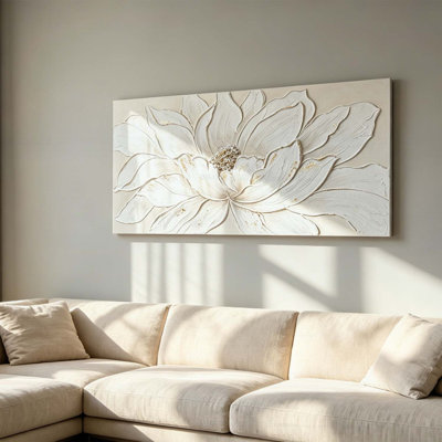 Art mural 24 x 48, fleur de lotus blanc, floral texturé peint à la main avec feuille d'or et centre en pierre, décor neutre encadré