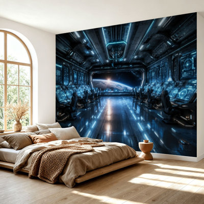 Papier peint adhésif peler et coller blanc, vaisseau spatial blanc, vue intérieure, planète terre, rendu 3D, papier autocollant amovible, décoration murale pour salon, chambre à coucher H 69 po x l 96 po