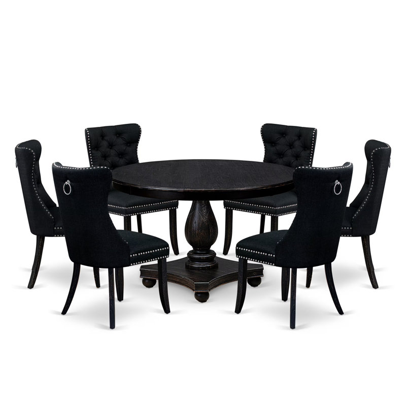 7 Piece Kitchen Table Set Consists of a 48" Round Table with Pedestal and 6 Black Polyester Fabric Upholstered Chairs, Sand Blasted Black