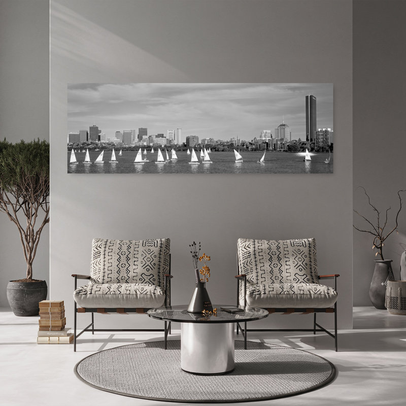 USA Massachusetts Boston Charles River View Of Boats On A River By A City by James Schwabel - Wrapped Canvas Panoramic Print