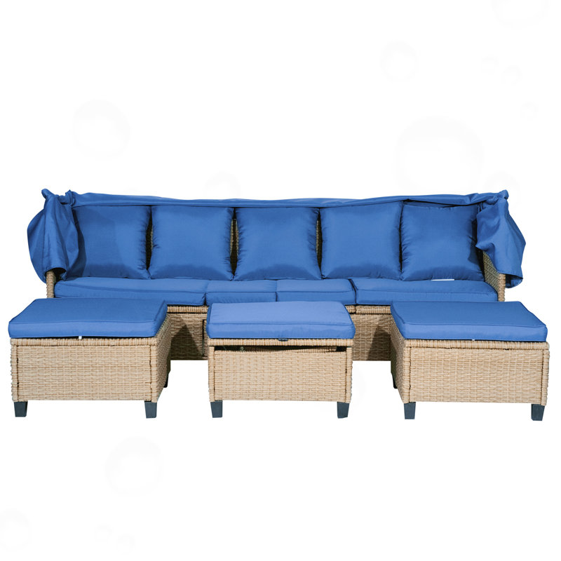 Ensemble de patio 4 pièces en résine tressée résistante aux rayons UV avec auvent rétractable, Bleu