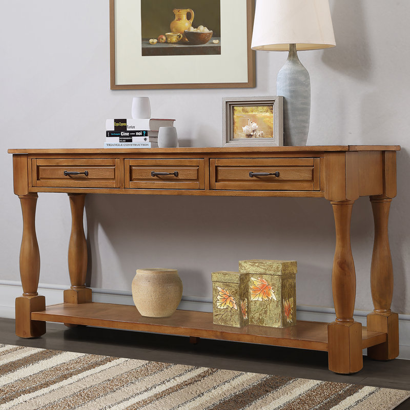 Console de 63 po de long en bois avec 3 tiroirs et 1 tablette inférieure pour le vestibule, Brun