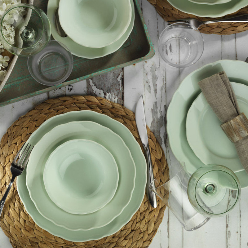 Calla Piece Porcelain China Dinnerware Set - Service for 6, Green