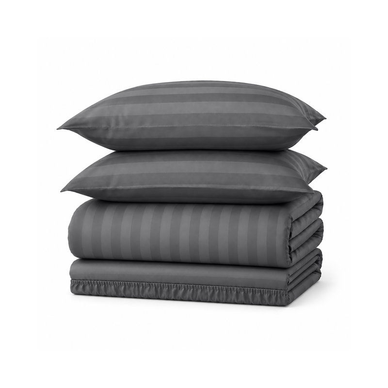 Stripe Duvet Cover Complete Bedding Set - Microfiber Duvet, Fitted Sheet & Pillowcases, Grey Striped