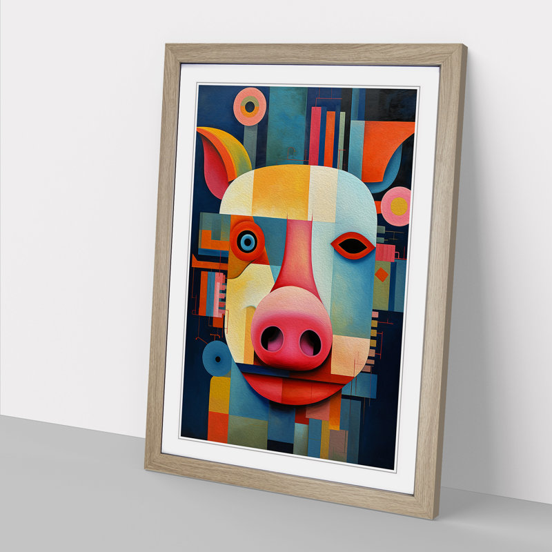 XYZ-FRM-V1223-5133 Pig Constructivism No.2 - Single Picture Frame Print on Wood, Oak, 46cm H x 34cm W x 2cm D