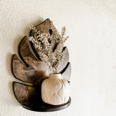 Addora Birch Solid Wood Plant Shelf – Handmade Monstera Leaf Wall Shelf, Boho Farmhouse Décor in Brown or Black