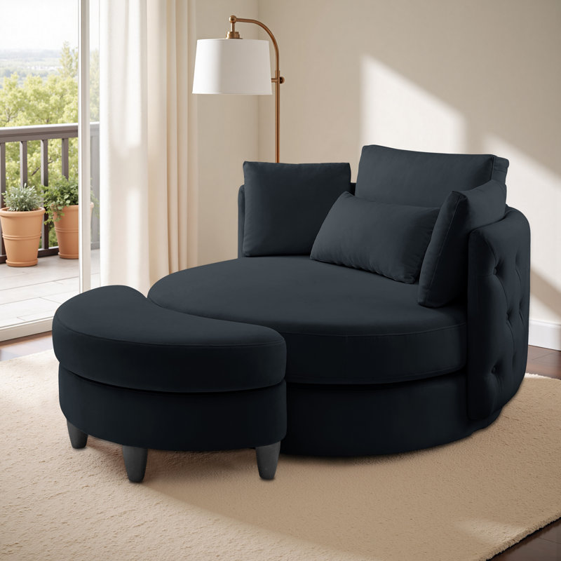 Upholstered Tufted Swivel Chair with Ottoman, Black