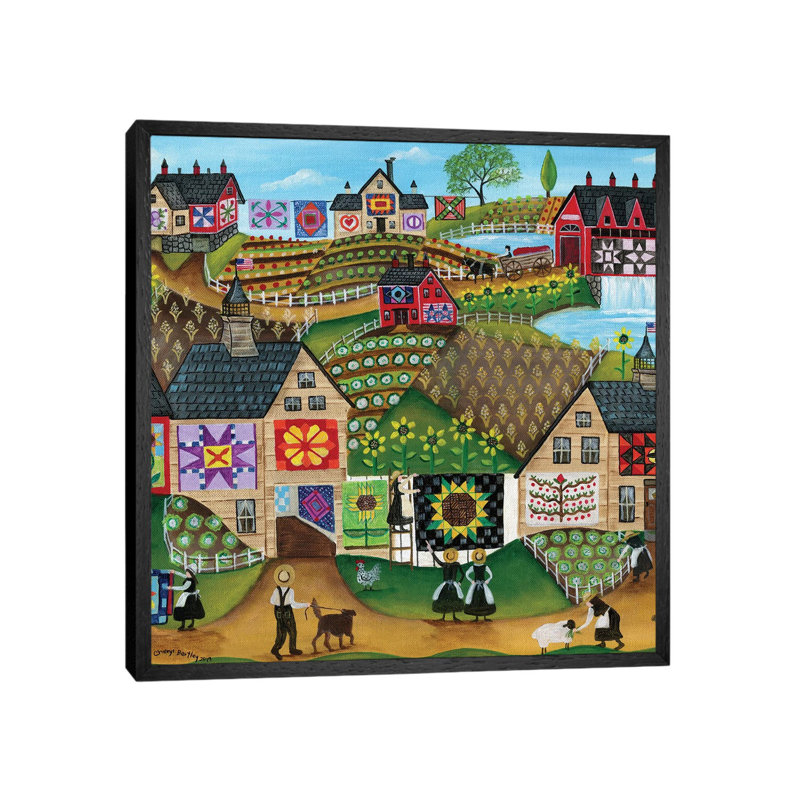 Quilters Sunflower Farmland 1 Piece Painting on Canvas, 45.72cm H x 45.72cm W x 3.81cm D, Black Framed