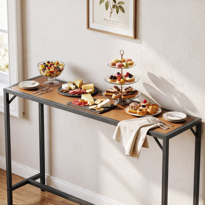 Table de bar, table haute de comptoir de 140 cm (55 po) pour intérieur/extérieur, meuble haut avec plateau en PEHD, cadre à revêtement électrophorétique et finition martelée, pieds réglables, résistant aux intempéries pour spa, balcon, bord de piscine, cuisine (teck jaune)