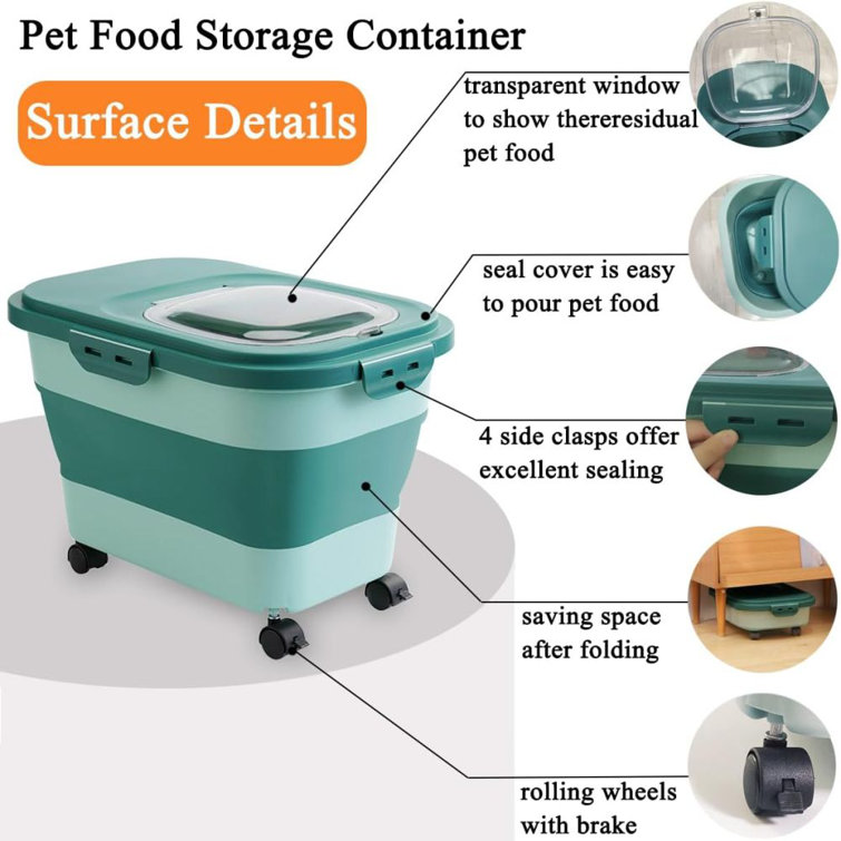 Dog Food Storage Container with Rolling Wheel, Collapsible Dog Food Container with Travel Silicone Bowl and Scoop, Folded Cat Food Container Kitchen R