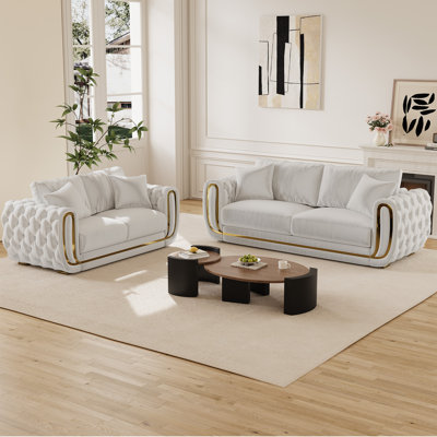  2 Piece Glitter Velvet Living Room Set Round Arm Sofa Set with Gold Accent