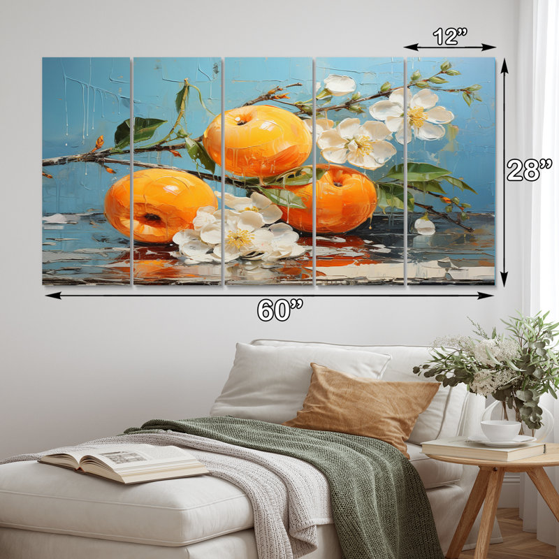 Fruit orange persimmon I - ferme, reproduction d'art sur toile - 5 panneaux égaux